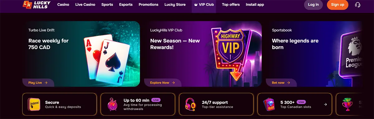 Lucky Hills casino homepage with promo banners for a 750 CAD live race, VIP club rewards, and sportsbook betting, plus feature boxes for secure deposits, fast withdrawals, 24/7 support, and 5,300+ slot games.