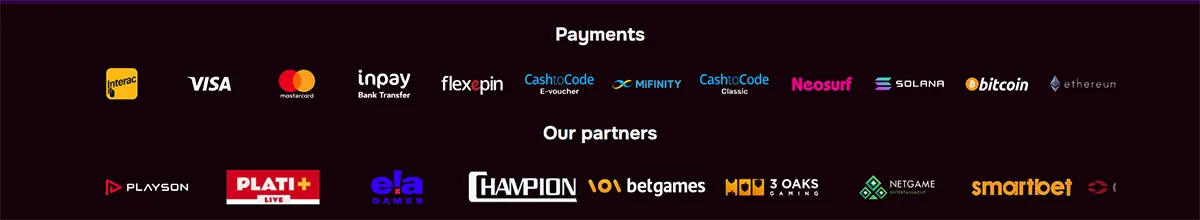 Payments and partners section displaying logos for Interac, Visa, Mastercard, Inpay, flexepin, CashtoCode, MiFinity, Neosurf, Solana, Bitcoin, Ethereum, plus provider logos such as Playson, PLATI+, ELA Games, Champion, BetGames, 3 Oaks Gaming, Netgame, and Smartbet on a dark background.