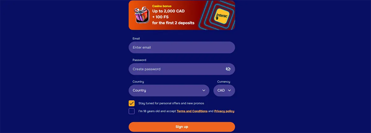 Casino sign-up form on a dark blue background with email, password, country, and currency fields, plus a bonus banner offering up to 2,000 CAD and 100 free spins for the first two deposits.